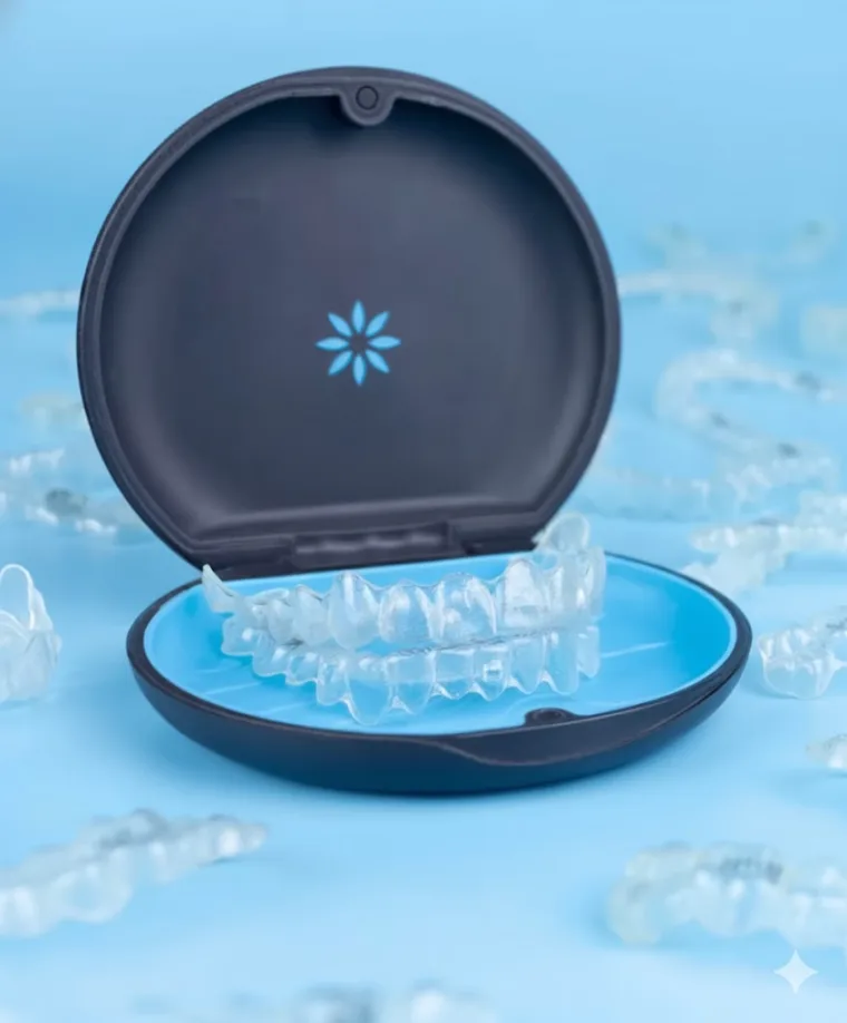 Estojo aberto com um par de alinhadores transparentes Invisalign